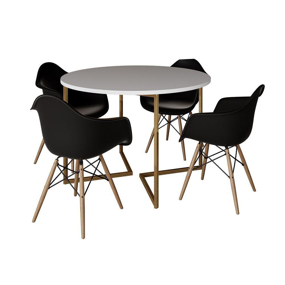 Mesa Jantar Industrial Redonda 110Cm Branca Base V Dourada Com 4 Poltronas Daw Madeira Cor: Branco - 6