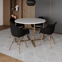 Mesa Jantar Industrial Redonda 110Cm Branca Base V Dourada Com 4 Poltronas Daw Madeira Cor: Branco - 1