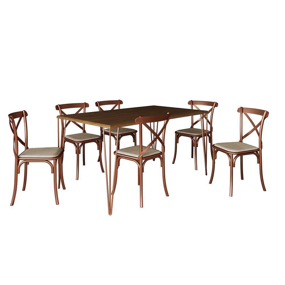 Conjunto Mesa De Jantar Elen Com 6 Cadeiras Katrina Base Cobre E Tampo Amêndoa 150Cm - Marrom - 5