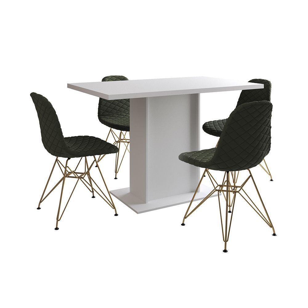 Mesa Jantar Londres Tampo Branco 120Cm 4 Cadeiras Base Dourado Estofado Verde - 6