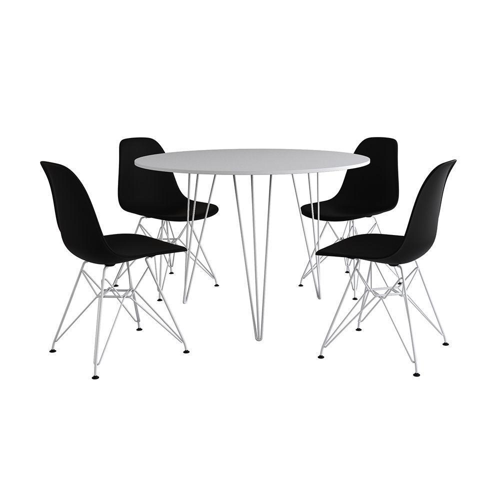 Mesa De Jantar Redonda 90Cm Branca Clips 3 Pés Com 4 Cadeiras Eames Eiffel Pretas Ferro Branco - 9