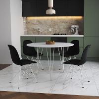 Mesa De Jantar Redonda 90Cm Branca Clips 3 Pés Com 4 Cadeiras Eames Eiffel Pretas Ferro Branco - 1