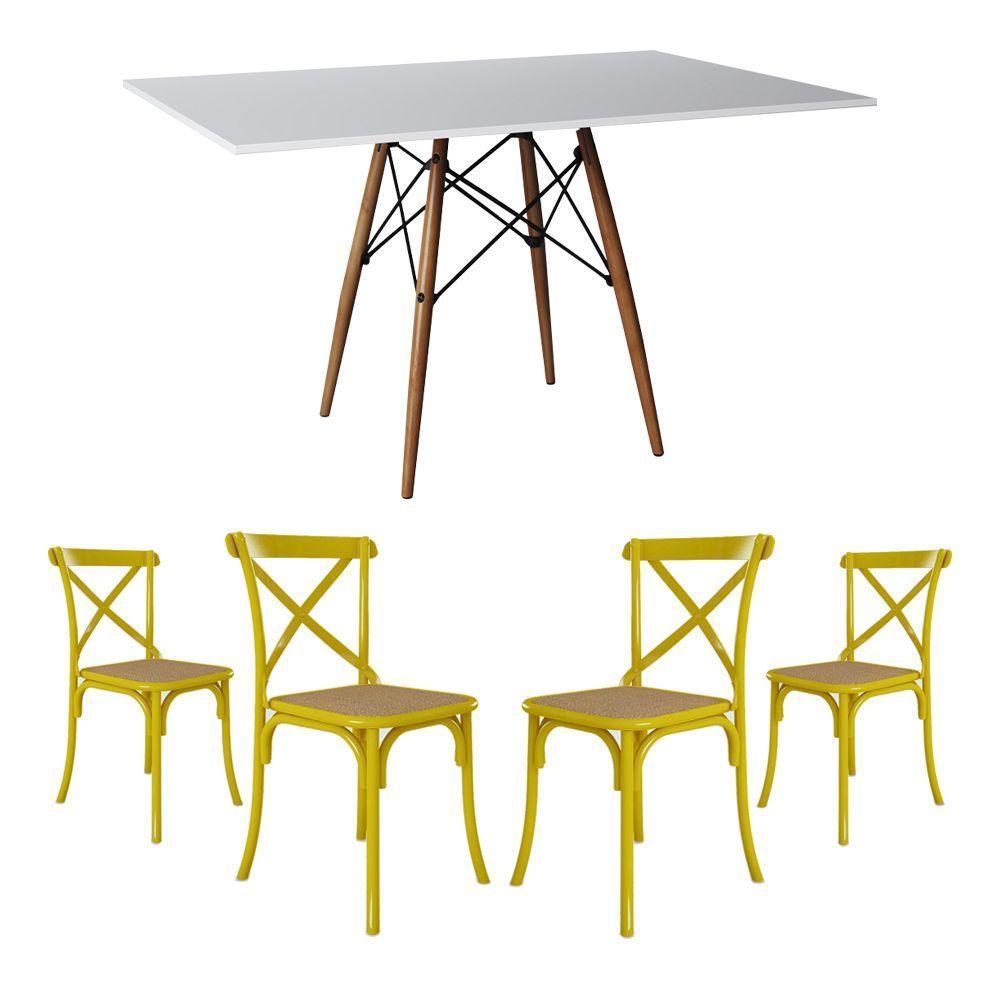 Conjunto De Mesa Eiffel Retangular Tampo De Madeira 120X75Cm Branco Com 4 Cadeiras Katrina Amarela - 1
