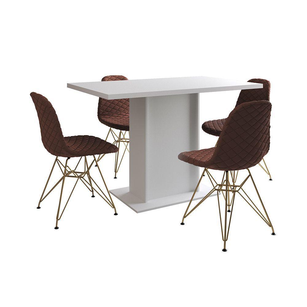 Mesa Jantar Londres Tampo Branco 120Cm 4 Cadeiras Base Dourado Estofado Caramelo - 2