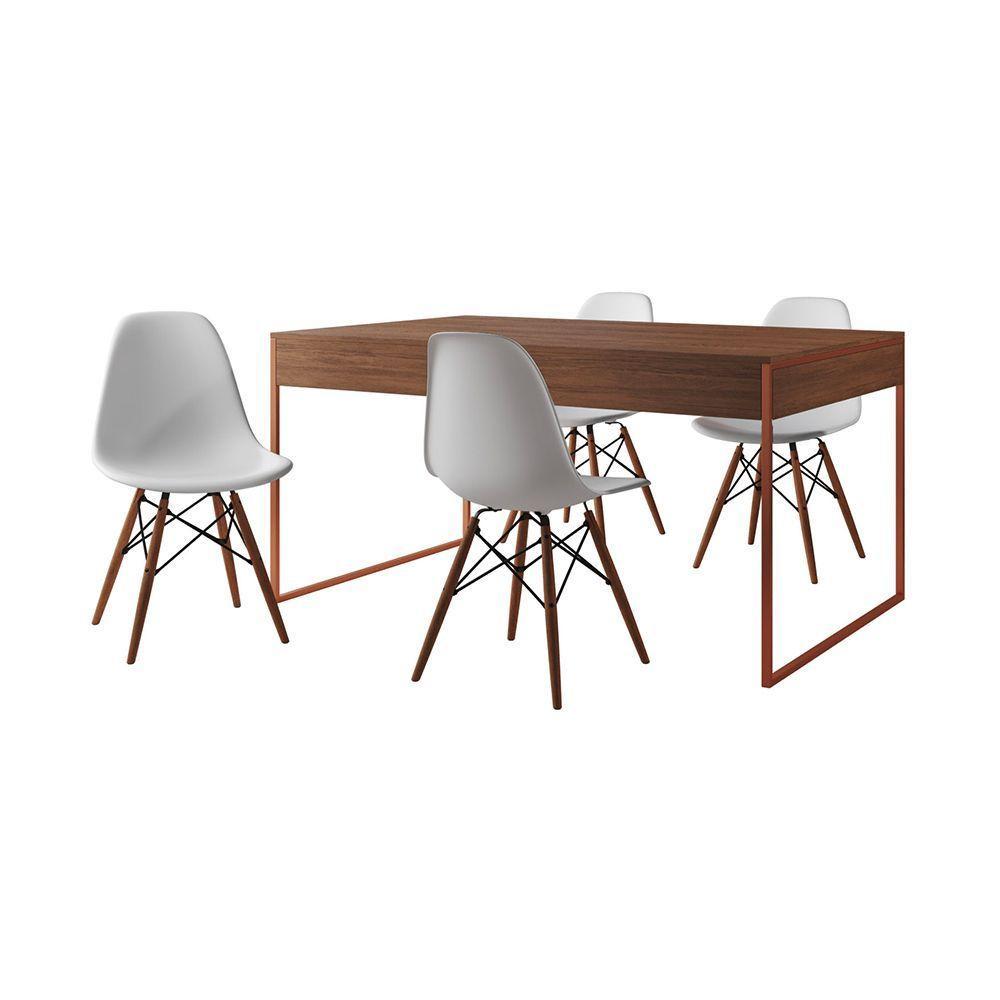 Mesa Jantar Industrial Retangular Amêndoa 137X90Cm Base Cobre Com 4 Cadeiras Brancas Cor: Amendoa - 6