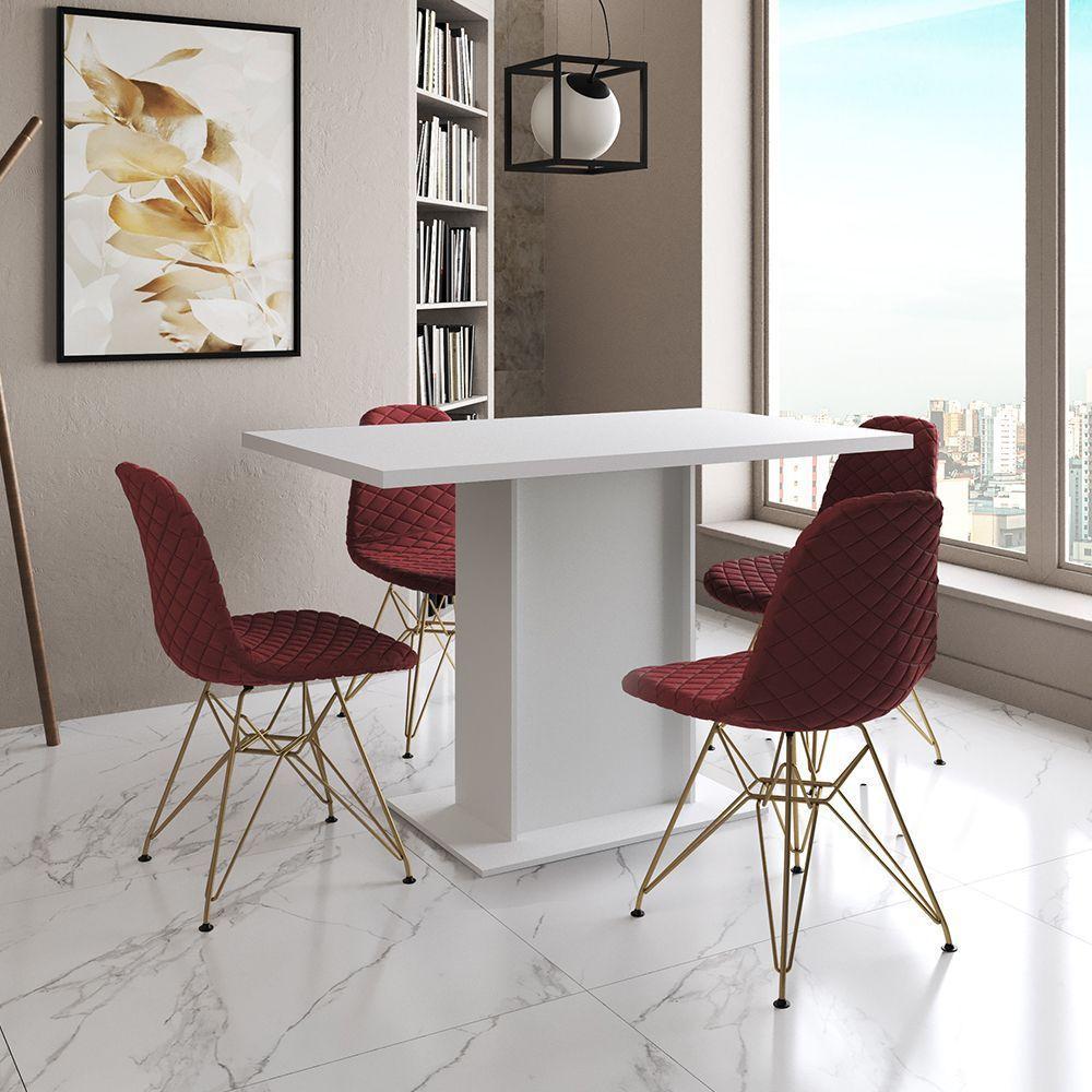 Mesa Jantar Londres Tampo Branco 120Cm 4 Cadeiras Base Dourado Estofado Vermelho - 1