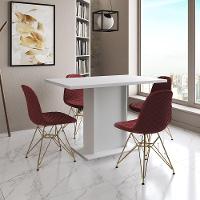 Mesa Jantar Londres Tampo Branco 120Cm 4 Cadeiras Base Dourado Estofado Vermelho - 1
