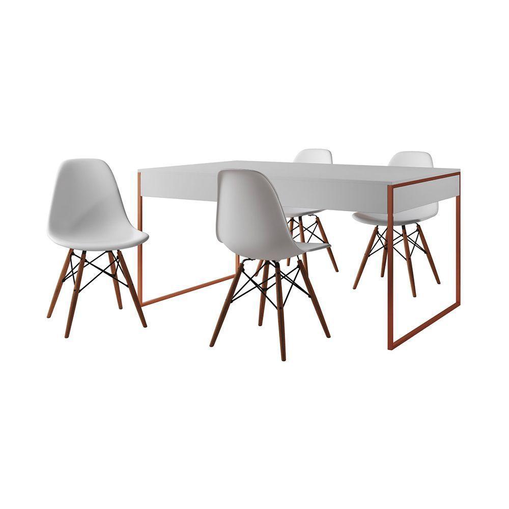 Mesa Jantar Industrial Retangular Branca 137X90Cm Base Cobre Com 4 Cadeiras Brancas Cor: Branco - 6