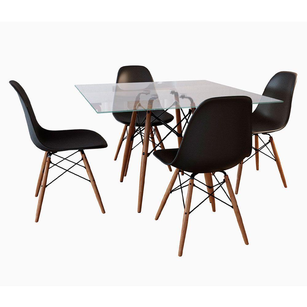 Conjunto De Mesa De Jantar Quadrada 90Cm Tampo De Vidro Com 4 Cadeiras Pretas - 1
