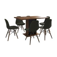 Mesa Jantar Londres Retangular Amêndoa 137X90 Base Preta 6 Cadeiras Estofadas Verde Madeira - 6