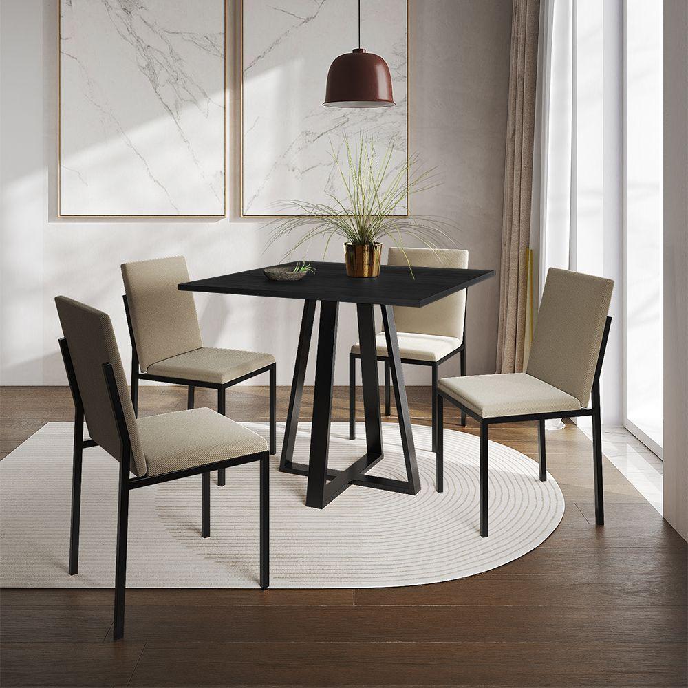 Conjunto De Jantar Mesa Mônaco 90Cm Tampo Preto Com 4 Cadeiras Estofadas Bege - Cor: Preto - 1