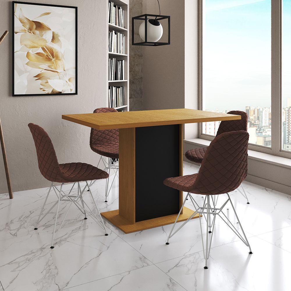 Mesa Jantar Londres Tampo Canela 120Cm Base Preta 4 Cadeiras Ferro Branco Estofado Caramelo - 1