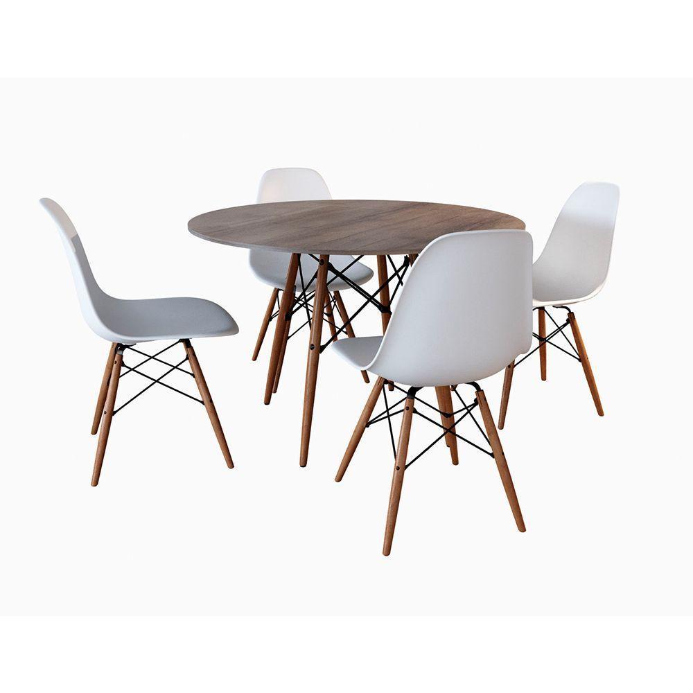 Conjunto De Mesa De Jantar Redonda 90Cm Tampo De Madeira Amêndoa Com 4 Cadeiras Brancas - 6