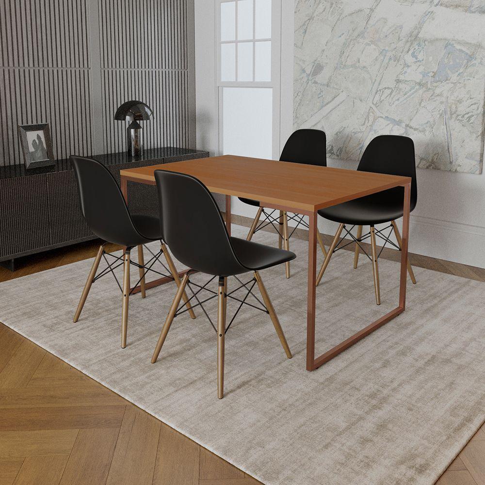 Mesa Industrial Base Ferro Cobre Tampo 137X90 Canela 4 Cadeiras Eames Madeira Assento Preto - 1