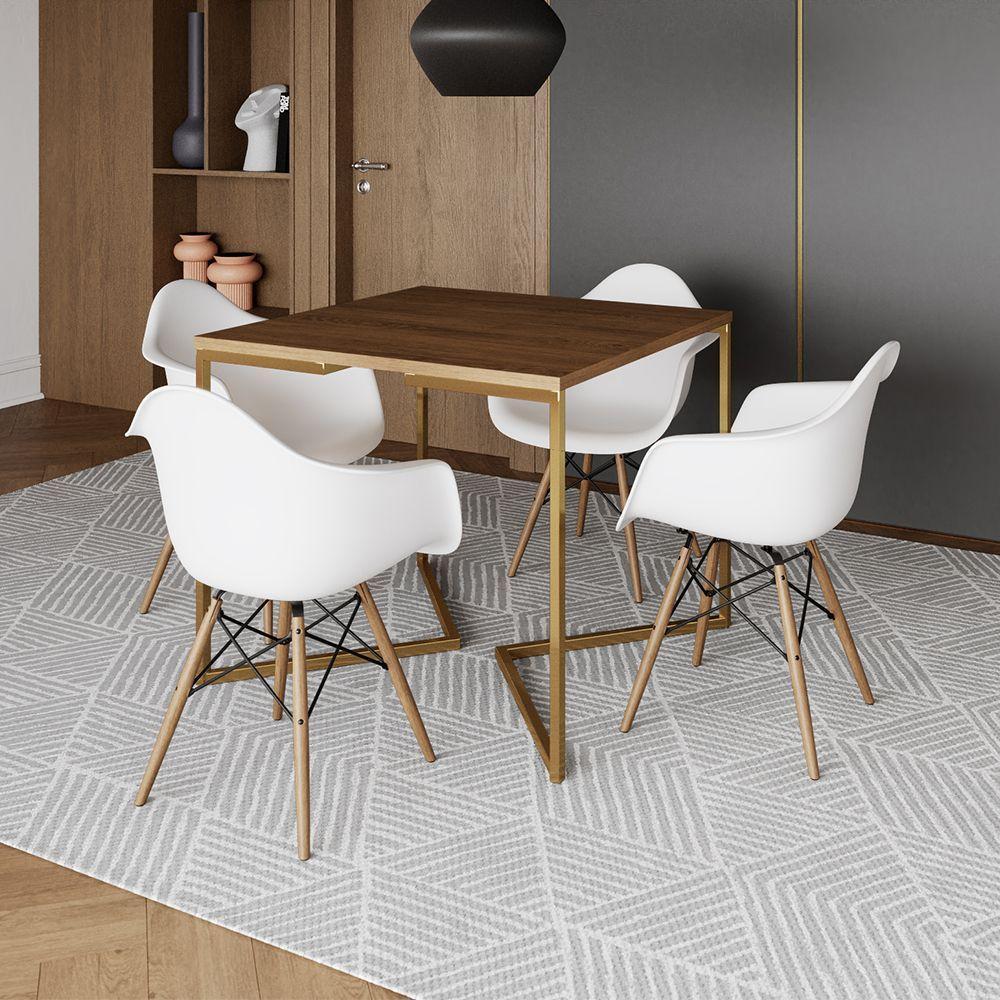 Mesa Jantar Industrial Quadrada 90Cm Amêndoa Base V Dourada C/4 Poltronas Daw Madeira Cor: Amendoa - 1