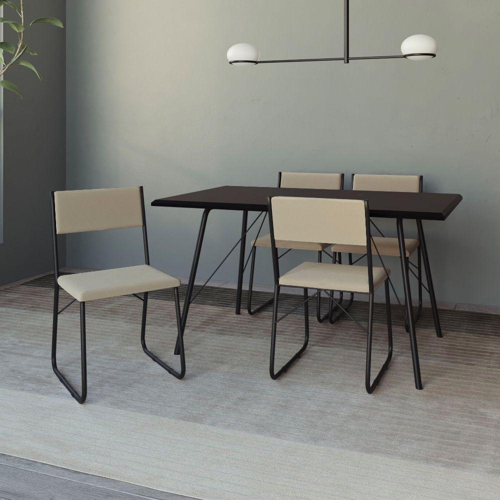 Mesa Jantar Paraty 137Cm Tampo Preto Com 4 Cadeiras Angra Estofadas Preta E Bege - Preto - 1