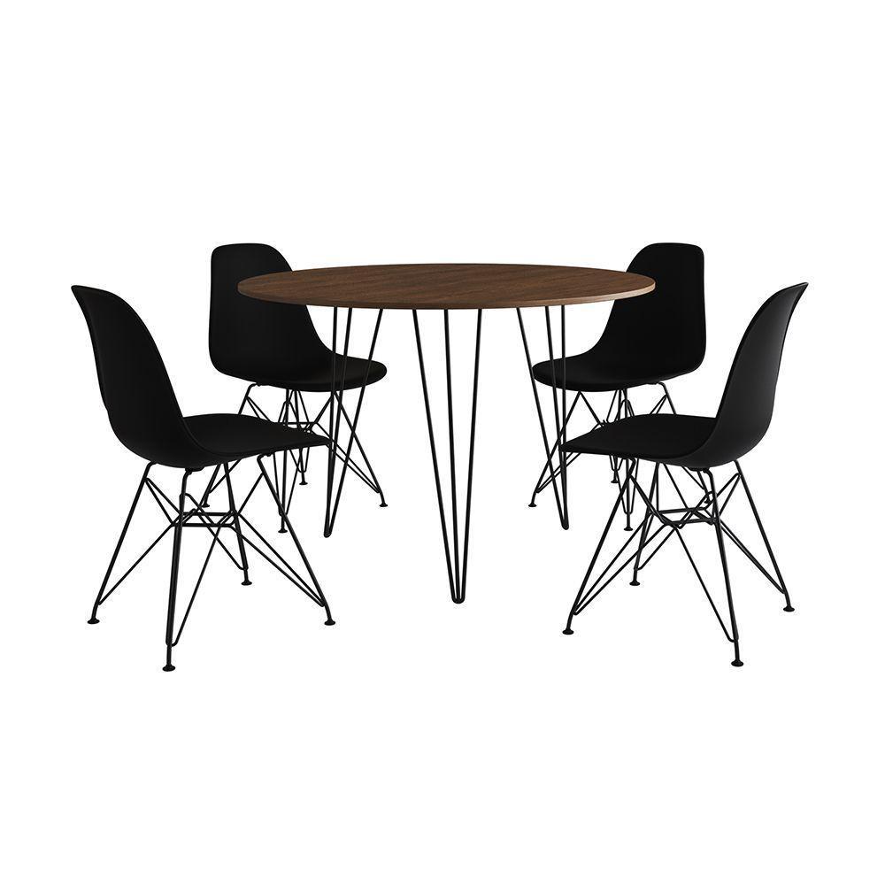 Mesa De Jantar Redonda 90Cm Amêndoa Clips 3 Pés Com 4 Cadeiras Eames Eiffel Pretas Ferro Preto - 4