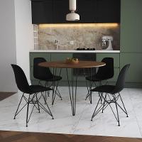 Mesa De Jantar Redonda 90Cm Amêndoa Clips 3 Pés Com 4 Cadeiras Eames Eiffel Pretas Ferro Preto - 1