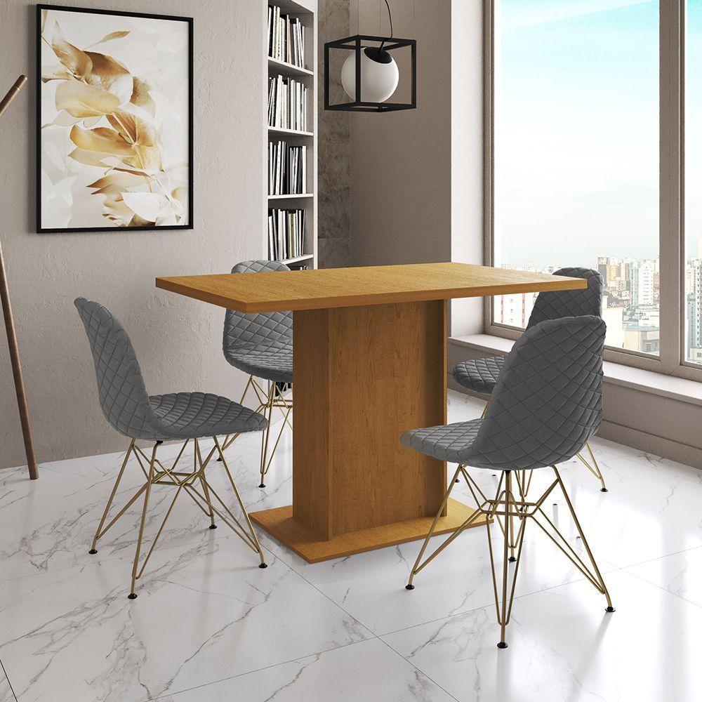 Mesa Jantar Londres Tampo Canela 120Cm 4 Cadeiras Base Dourado Estofado Grafite - 1