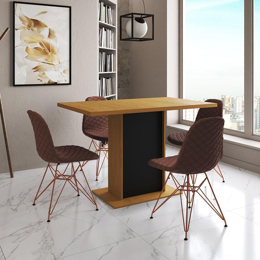 Mesa Jantar Londres Tampo Canela 120Cm Base Preta 4 Cadeiras Base Cobre Estofado Caramelo - 1