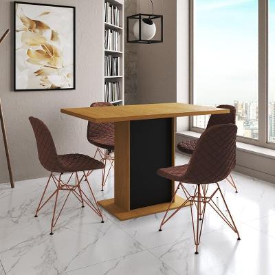 Mesa Jantar Londres Tampo Canela 120Cm Base Preta 4 Cadeiras Base Cobre Estofado Caramelo