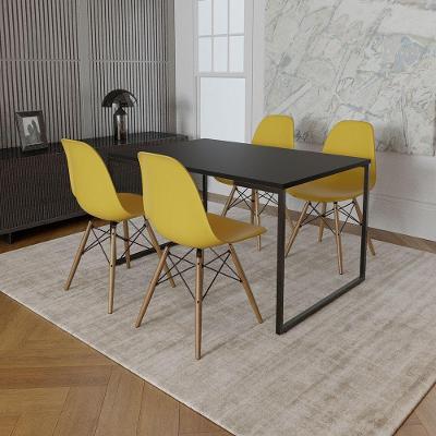 Mesa Industrial Base De Ferro Preto 137X90 Tampo Preto 4 Cadeiras Eiffel Madeira Assento Amarelo
