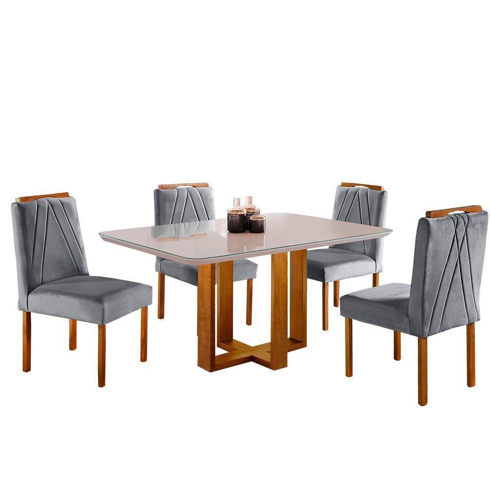 Conjunto Sala De Jantar Mesa Tampo De Vidro 4 Cadeiras Lisboa Mundial Móveis Mel/Cinza Mel/Cinza - 7
