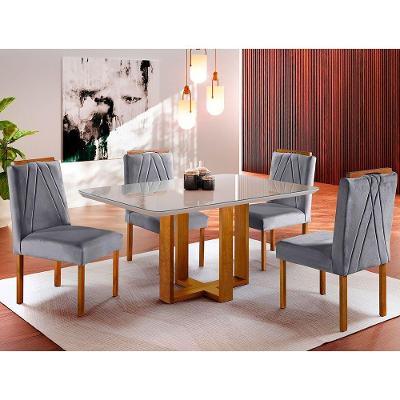Conjunto de Jantar Lisboa 4 Lugares Tampo de Vidro com Cadeiras Estofadas Mel e Cinza