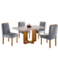 Conjunto Sala De Jantar Mesa Tampo De Vidro 4 Cadeiras Lisboa Mundial Móveis Mel/Cinza Mel/Cinza - 7