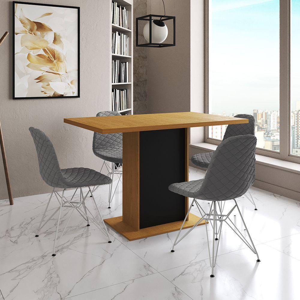 Mesa Jantar Londres Tampo Canela 120Cm Base Preta 4 Cadeiras Ferro Branco Estofado Grafite - 1