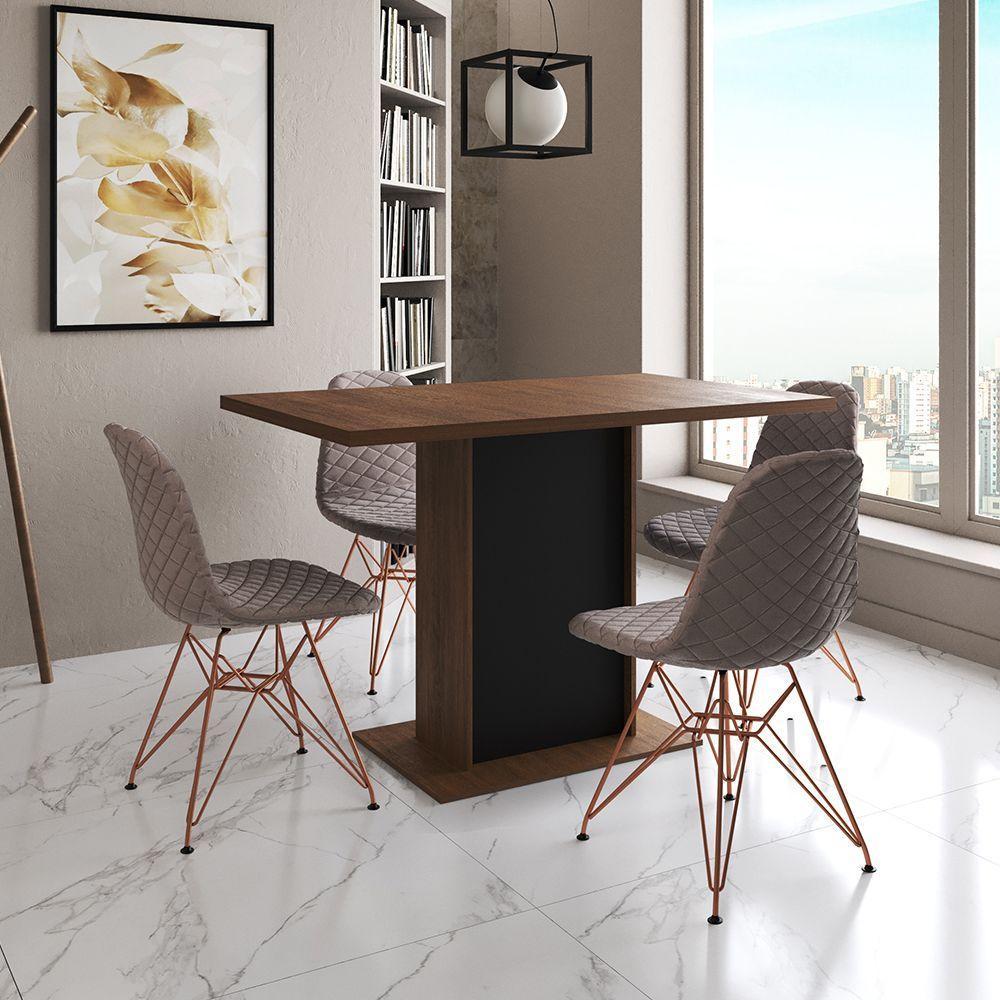 Mesa Jantar Londres Tampo Amêndoa 120Cm Base Preta 4 Cadeiras Base Cobre Estofado Nude Médio - 1