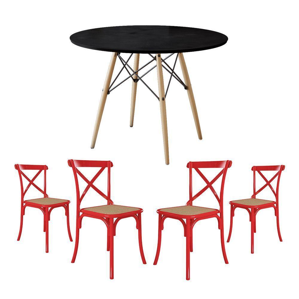 Conjunto De Mesa Eiffel Redondo Tampo De Madeira 110Cm Preto Com 4 Cadeiras Katrina Vermelhao - 1
