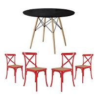 Conjunto De Mesa Eiffel Redondo Tampo De Madeira 110Cm Preto Com 4 Cadeiras Katrina Vermelhao - 1