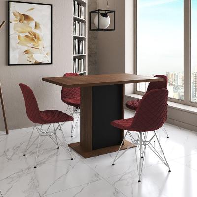 Mesa Jantar Londres Tampo Amêndoa 120Cm Base Preta 4 Cadeiras Ferro Branco Estofado Vermelho