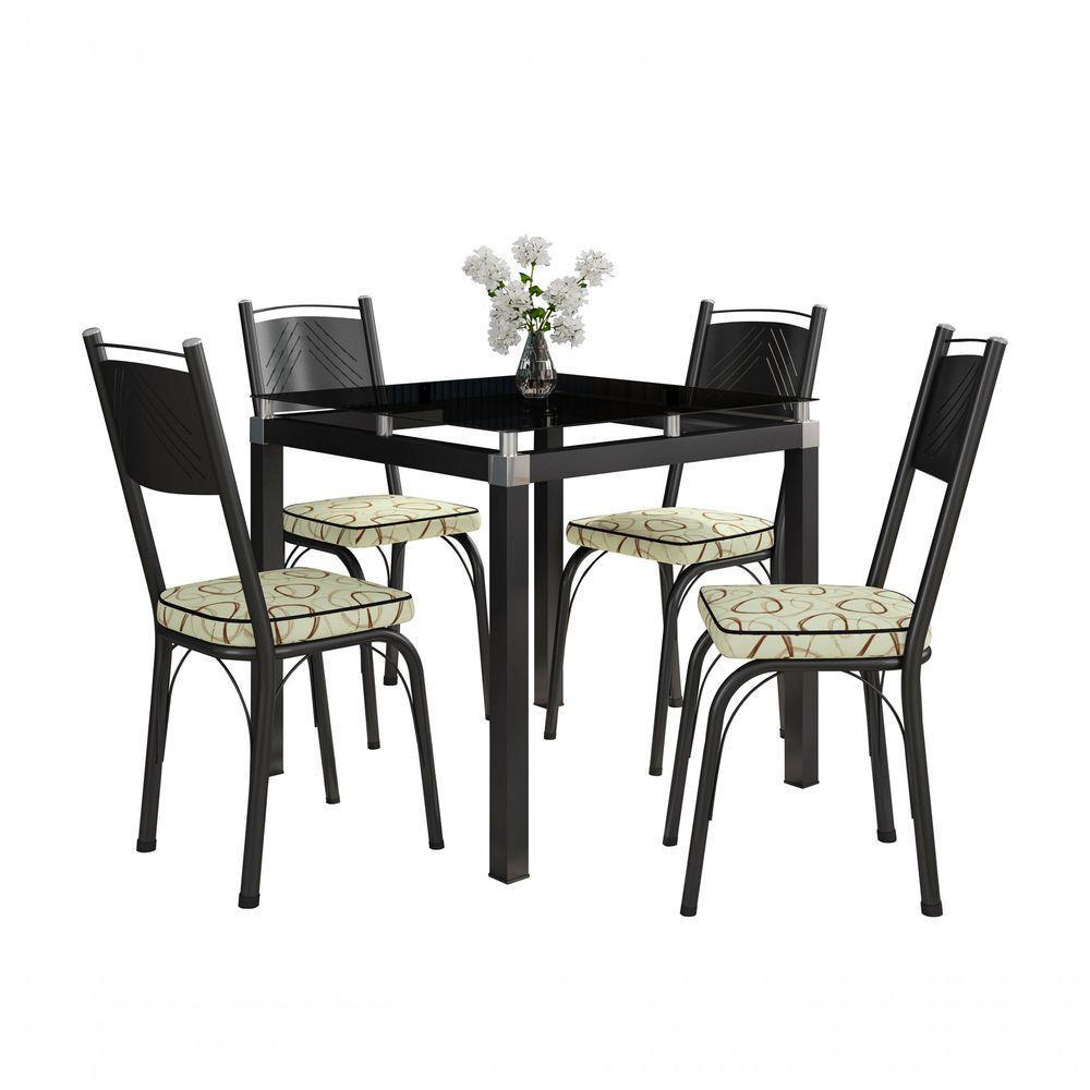 Conjunto De Mesa Tubular Malva Com 4 Cadeiras 151 Tampo De Vidro 75Cm Preto Assento Cedro Artefamol - 1
