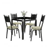 Conjunto De Mesa Tubular Malva Com 4 Cadeiras 151 Tampo De Vidro 75Cm Preto Assento Cedro Artefamol - 1