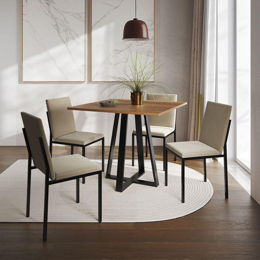 Conjunto De Jantar Mesa Mônaco 90Cm Tampo Imbuia Com 4 Cadeiras Estofadas Bege - Cor: Preto - 1