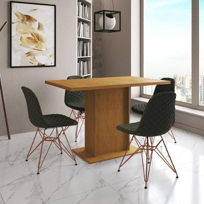 Mesa Jantar Londres Tampo Canela 120Cm 4 Cadeiras Base Cobre Estofado Verde