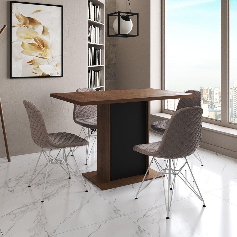 Mesa Jantar Londres Tampo Amêndoa 120Cm Base Preta 4 Cadeiras Ferro Branco Estofado Nude Médio - 1