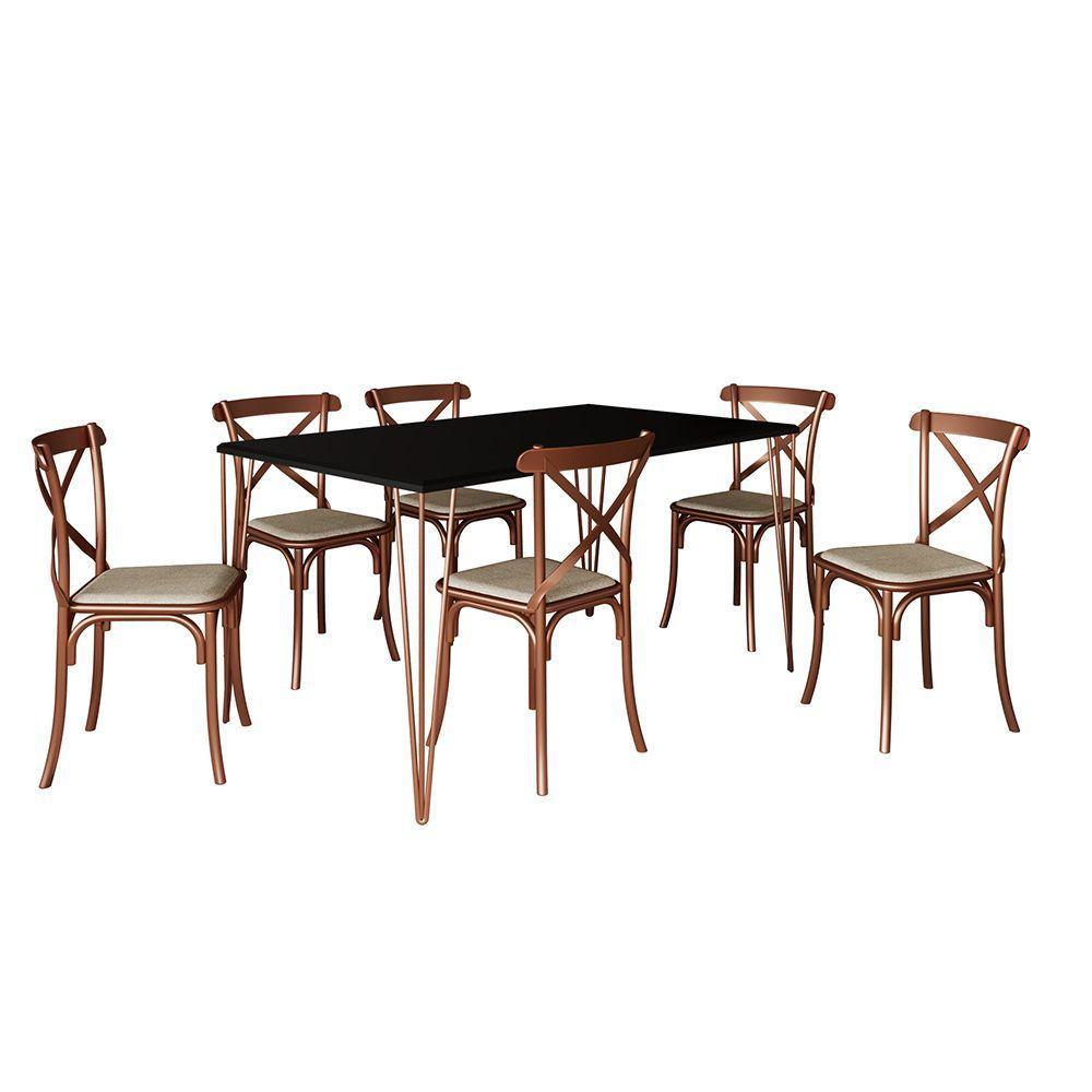 Conjunto Mesa De Jantar Elen Com 6 Cadeiras Katrina Base Cobre E Tampo Preto 150Cm - Cor: Marrom - 1