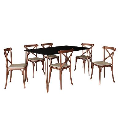 Conjunto Mesa De Jantar Elen Com 6 Cadeiras Katrina Base Cobre E Tampo Preto 150Cm - Cor: Marrom