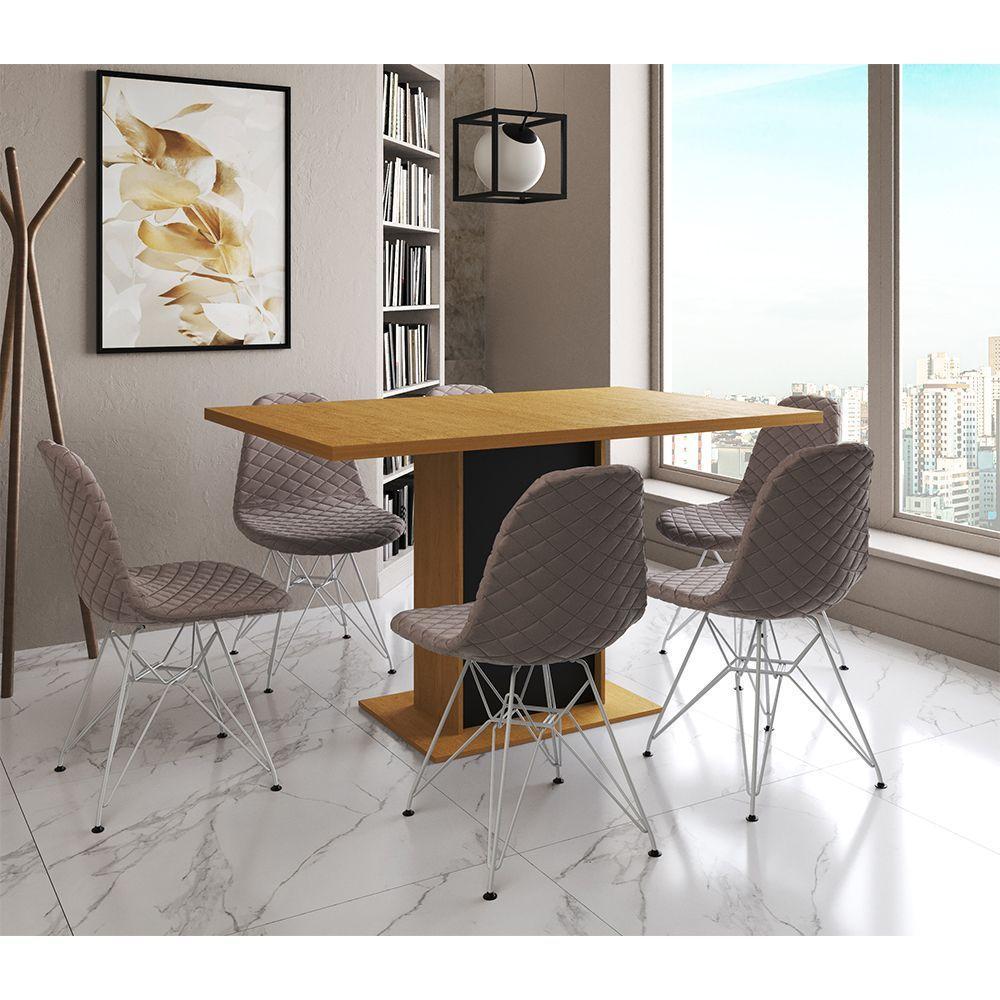 Mesa Jantar Londres Retangular Canela 137X90 Base Preta 6 Cadeiras Estofadas Nude Médio Ferro Branco - 1