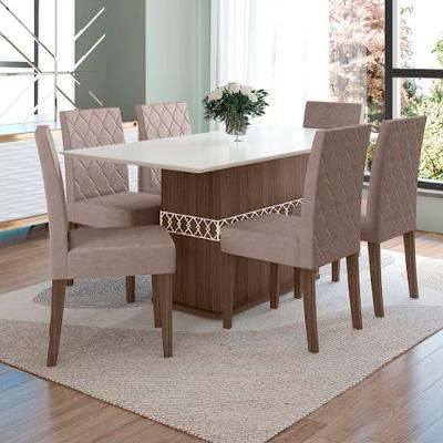 Conjunto Sala de Jantar Agata 6 Lugares Tampo MDP Amêndoa com Off White 160x90cm