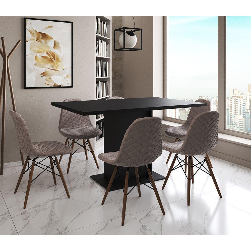 Mesa Jantar Londres Retangular Preta 137X90Cm 6 Cadeiras Estofadas Nude Médio Madeira - 1