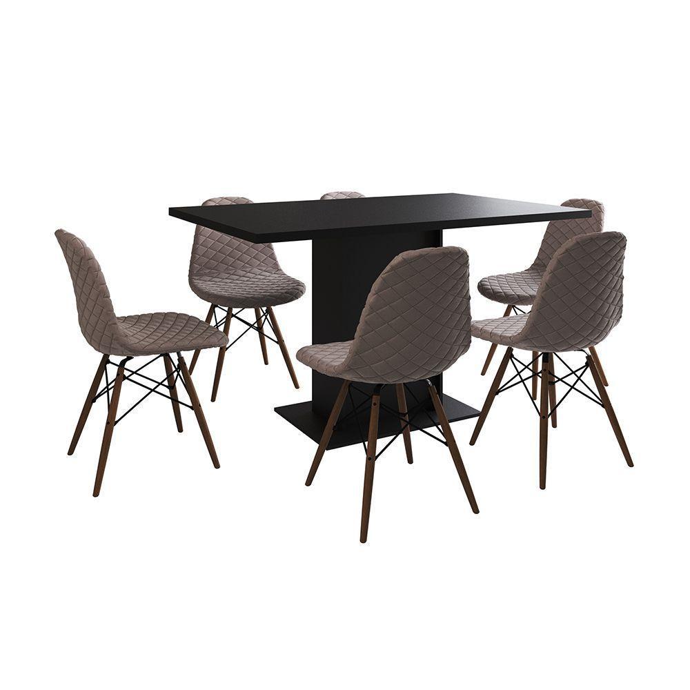 Mesa Jantar Londres Retangular Preta 137X90Cm 6 Cadeiras Estofadas Nude Médio Madeira - 6