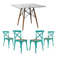 Jogo De Mesa Eiffel Quadrado Tampo De Vidro 110Cm Com 4 Cadeiras Katrina Azul Turquesa Assento Bege - 1