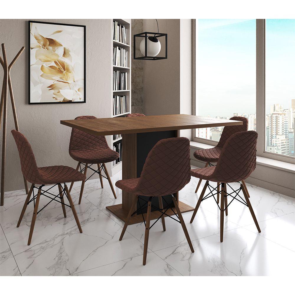 Mesa Jantar Londres Retangular Amêndoa 137X90 Base Preta 6 Cadeiras Estofadas Caramelo Madeira - 1