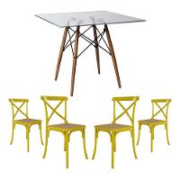 Conjunto De Mesa Eiffel Quadrado Tampo De Vidro 110Cm Com 4 Cadeiras Katrina Amarela Assento Bege - 1