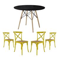 Conjunto De Mesa Eiffel Redondo Tampo De Madeira 90Cm Preto Com 4 Cadeiras Katrina Amarelao - 1