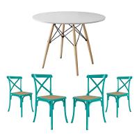 Jogo De Mesa Eiffel Redondo Tampo De Madeira 110Cm Branco Com 4 Cadeiras Katrina Azul Turquesa - 1